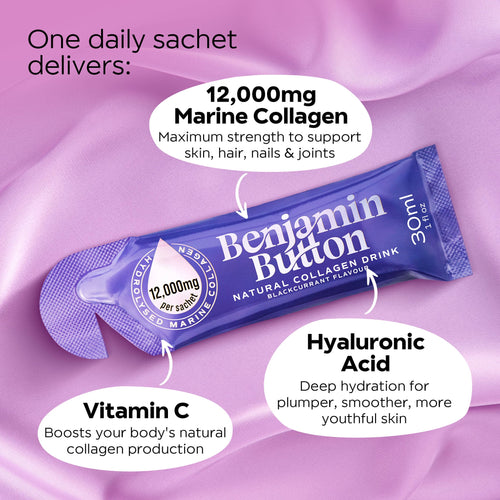 Benjamin Button 12,000mg Marine Collagen Drink - Blackcurrant Liquid Sachets