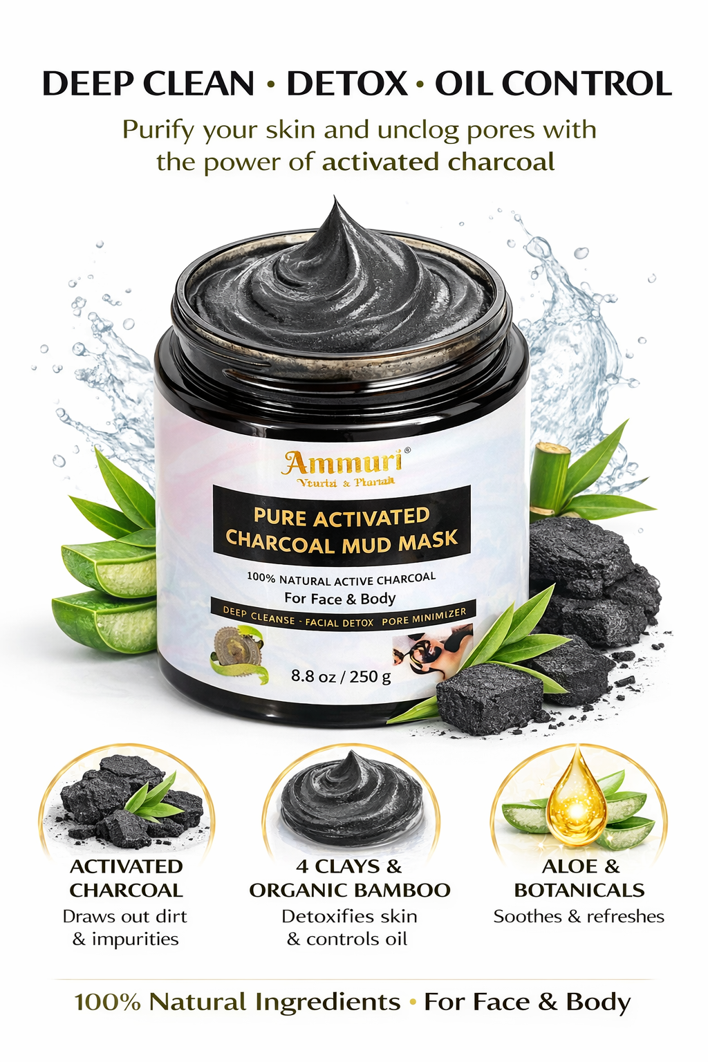 Activated Charcoal Mud Mask for Deep Cleansing Face & Body | Ammuri