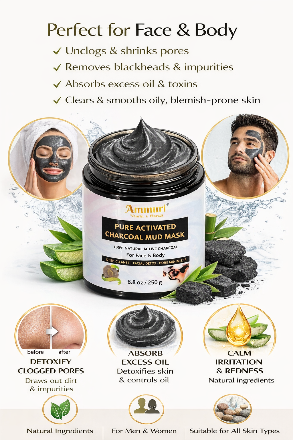 Activated Charcoal Mud Mask for Deep Cleansing Face & Body | Ammuri