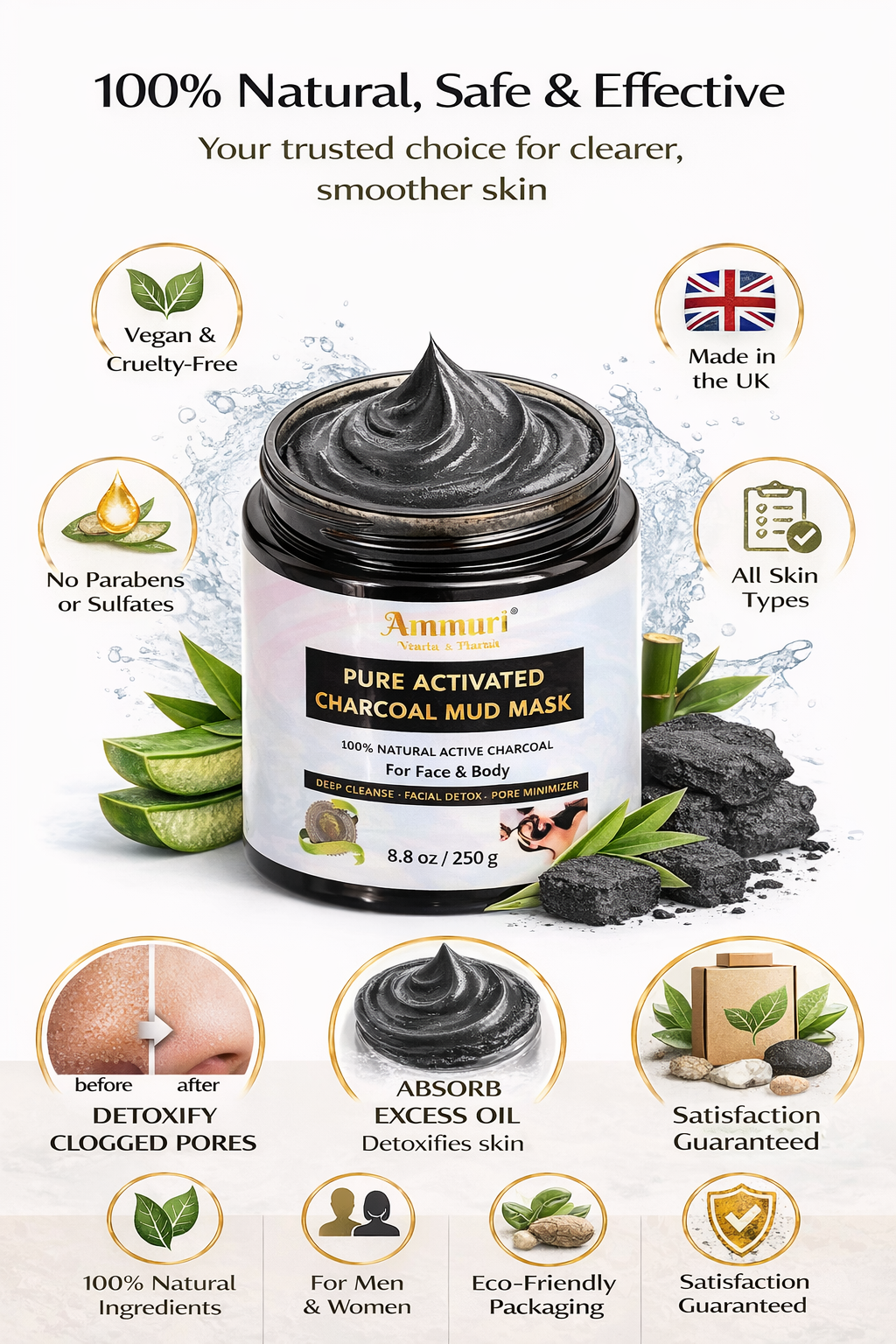 Activated Charcoal Mud Mask for Deep Cleansing Face & Body | Ammuri
