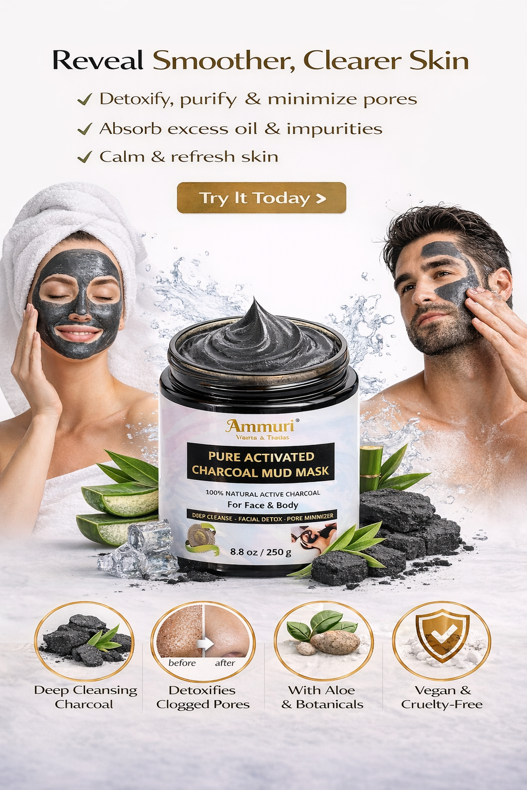 Activated Charcoal Mud Mask for Deep Cleansing Face & Body | Ammuri
