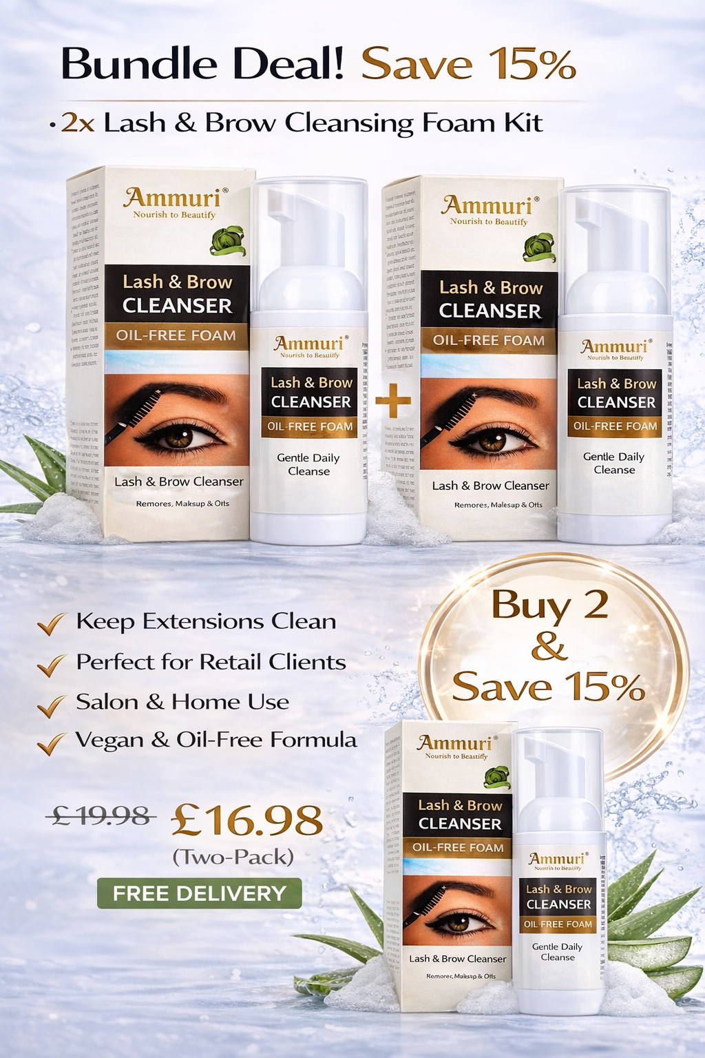 Eyelash Extension Shampoo & Lash Brow Cleansing Kit | Ammuri