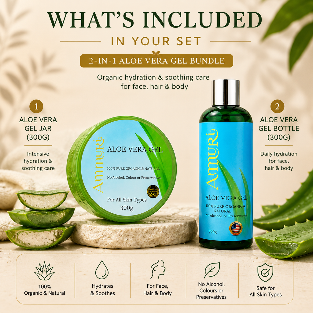 Ammuri Aloe Vera Gel Set 2 Pack Jar + Bottle | Face, Body, Hair & After Sun Care