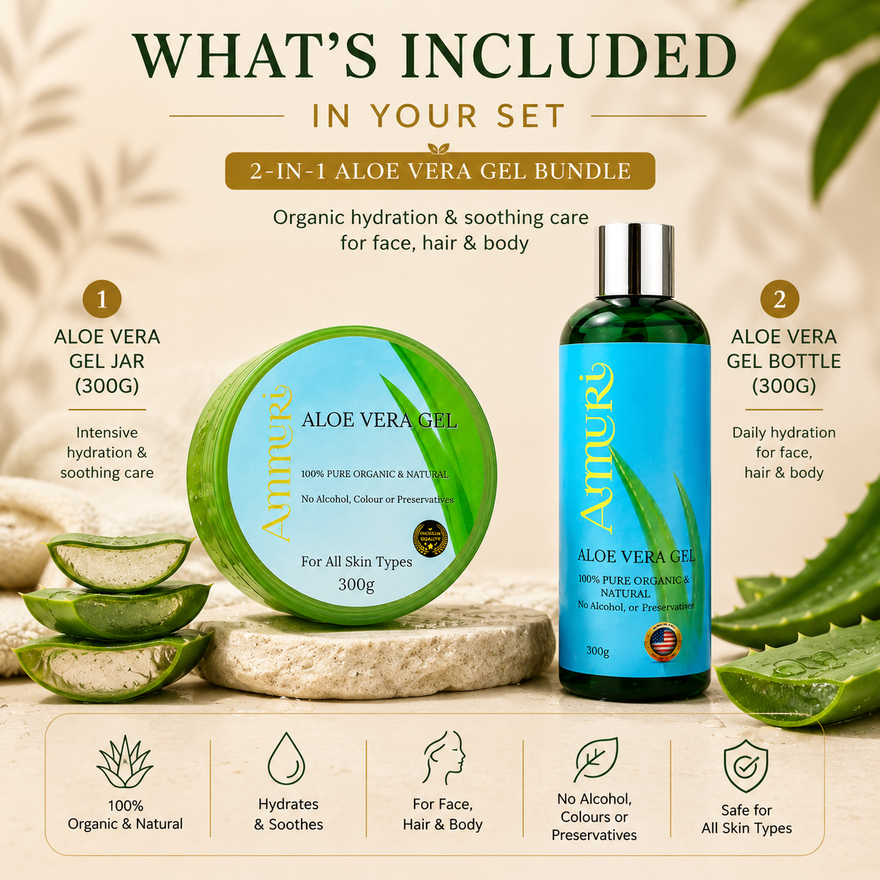 Ammuri Aloe Vera Gel Set 2 Pack Jar + Bottle | Face, Body, Hair & After Sun Care