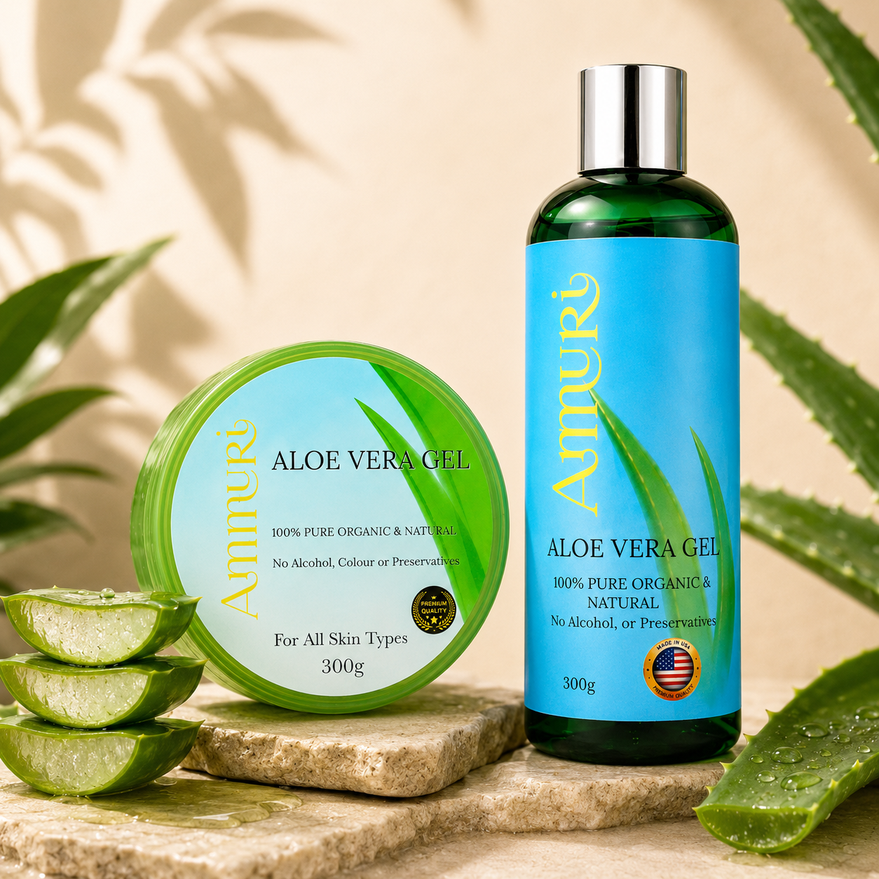 Ammuri Aloe Vera Gel Set 2 Pack Jar + Bottle | Face, Body, Hair & After Sun Care